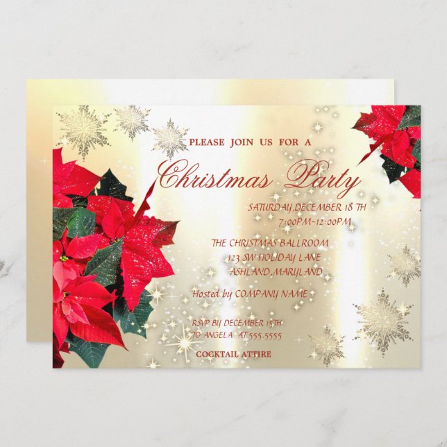 Invitación Poinsettia Snowflakes, Fiesta de Navidades corpora (Anverso / Reverso)
