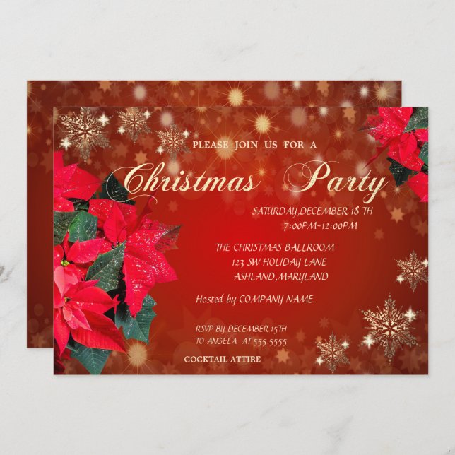 Invitación Poinsettia Snowflakes, Fiesta de Navidades corpora (Anverso / Reverso)