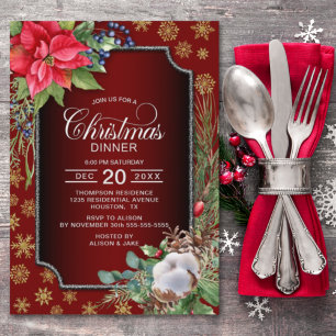 Invitación Poinsettia Snowflakes Navidades rojos Fiesta de ce