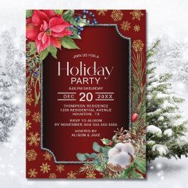 Invitación Poinsettia Snowflakes Red Holiday Party