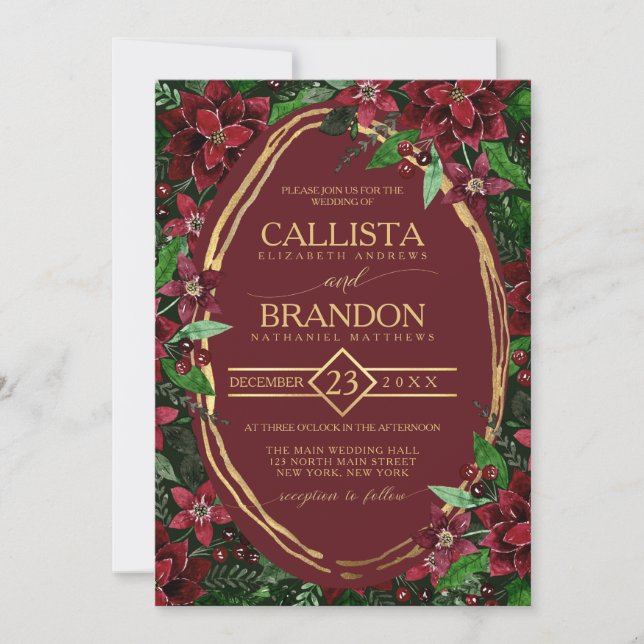 Invitación Poinsettia verde dorada marfileña Boda floral (Anverso)