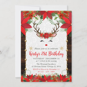Invitación Poinsettia y Reno de Navidad Cumpleaños