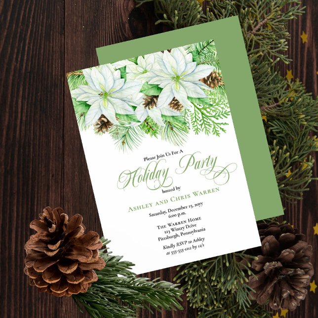 Invitación Poinsettias blancas | Pinecones Pine Holiday Party (Subido por el creador)