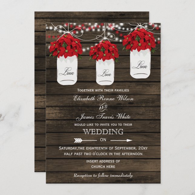 Invitación Poinsettias de madera barn tarro rústico boda (Anverso / Reverso)