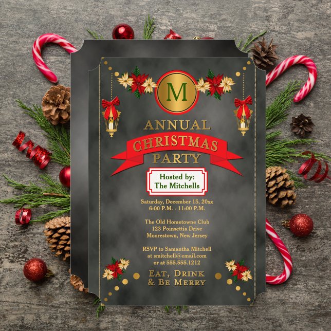 Invitación Poinsettias | Fiesta de los Navidades monogramas (Poinsettias Lanterns Monogram Christmas Party Invitation)
