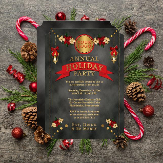 Invitación Poinsettias | Lanterns Corporate Holiday Party (Poinsettias Lanterns Corporate Holiday Party Invitation)