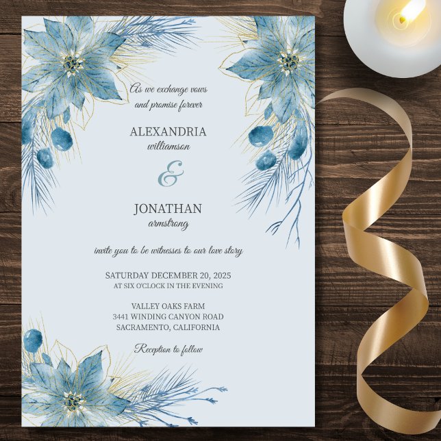 Invitación Poinsettias modernas azules y doradas en Boda azul (Subido por el creador)