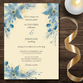 Invitación Poinsettias modernas azules y doradas sobre boda d
