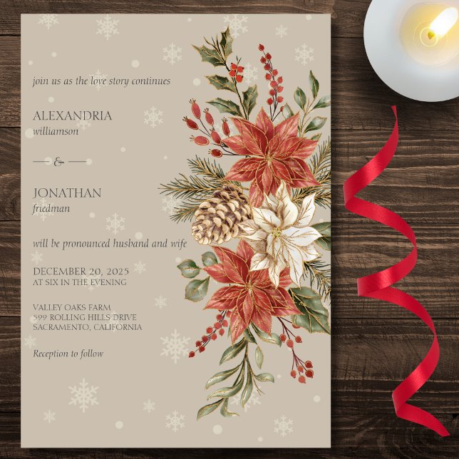 Invitación Poinsettias rojas e marfil en nieve en Boda de tau (Subido por el creador)