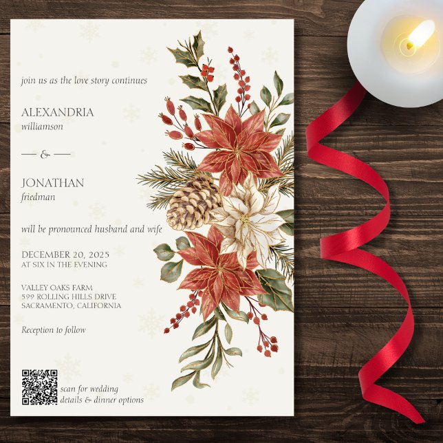 Invitación Poinsettias rojas y marfil en Boda de código QR de (Also available without QR code. )