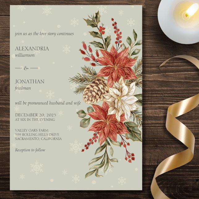 Invitación Poinsettias rojas y marfileñas en nieve en Boda sa (Subido por el creador)