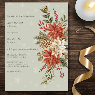 Invitación Poinsettias Rojas y Marfiles en Nieve sobre Boda d