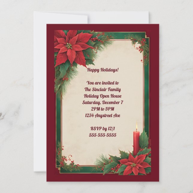 Invitación Poinsettias sobre el Fiesta de los Navidades verde (Anverso)