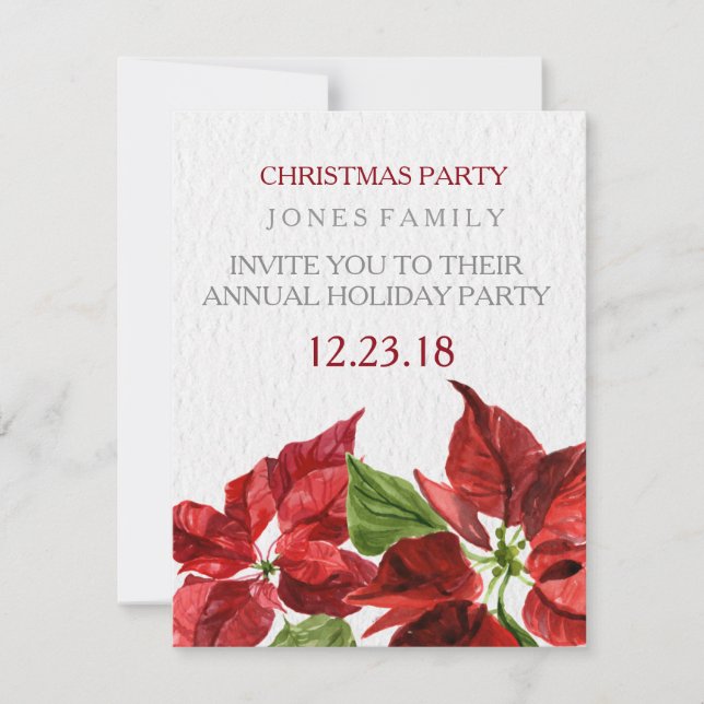 Invitación pointsetter rojo de la acuarela para la fiesta de (Anverso)