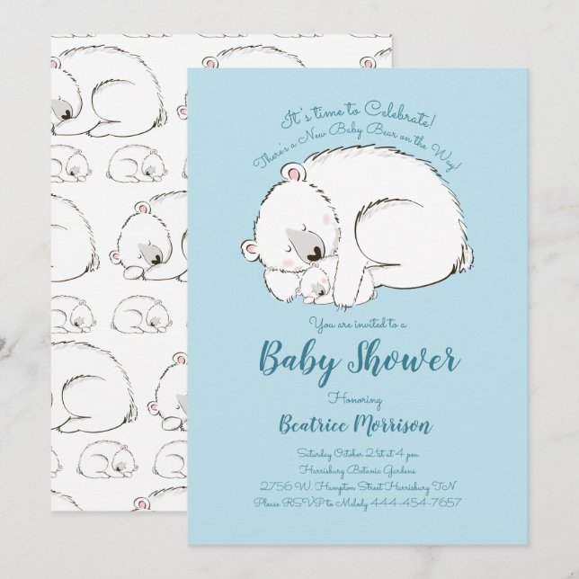 Invitación Polar Bear Baby Shower Woodland Winboy Blue (Anverso / Reverso)