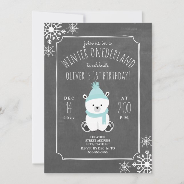 Invitación Polar Bear Boy Winter Onederland fiesta de cumplea (Anverso)