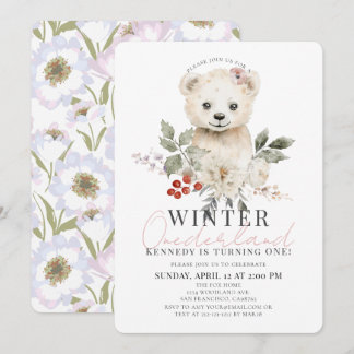 Invitación Polar Bear Winter Onederland Chica 1er cumpleaños