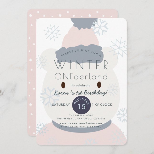 Invitación Polar Bear Winter Onederland Chica 1er cumpleaños (Anverso / Reverso)