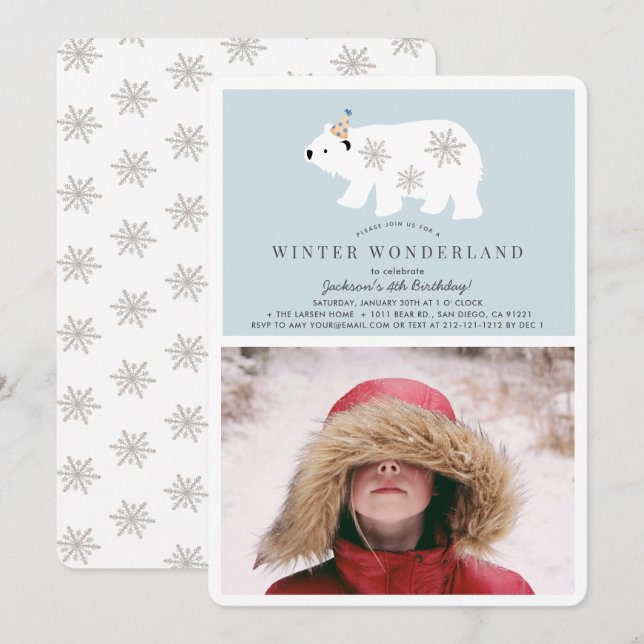 Invitación Polar Bear Winter Wonderland Foto Cumpleaños Azul (Anverso / Reverso)