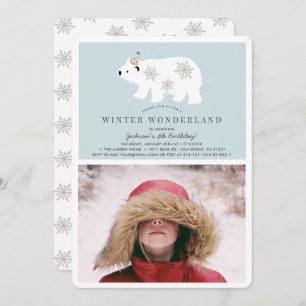 Invitación Polar Bear Winter Wonderland Foto Cumpleaños Azul