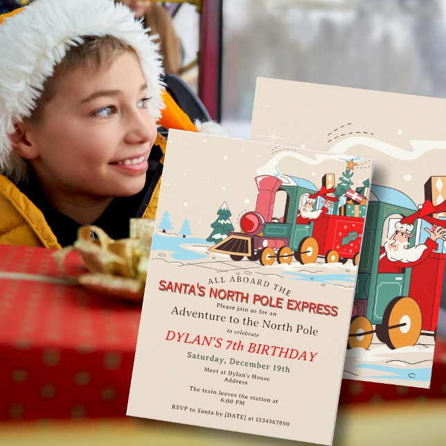 Invitación Polar Express Train Kids Birthday Party Adventure (Santa's Polar Express Train Kids Birthday Party North Pole Adventure Sleepover Invitation)