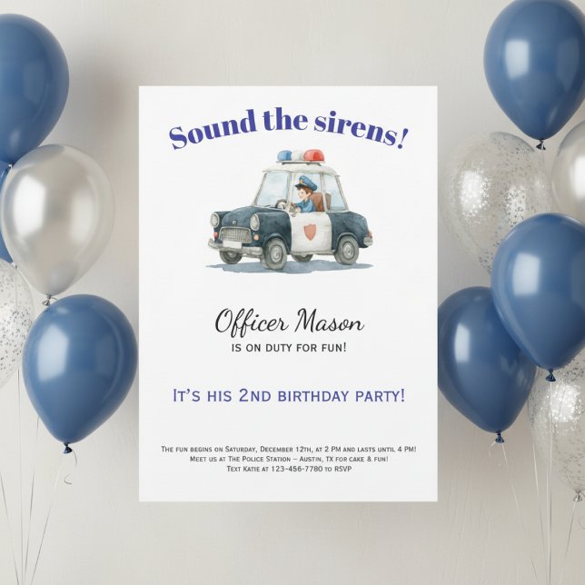 Invitación Police Birthday Invitation • Officer Car (Watercolor police birthday invitation for boy with blue balloon decor and neutral background)