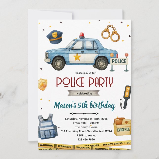 Invitación Police theme birthday party invitation (Anverso)