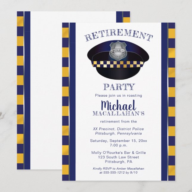 Invitación Policía | Policía | Fiesta de Jubilación Gorra Cop (Anverso / Reverso)