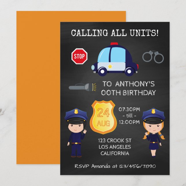 Invitación Policías y ladrones Cartón de cumpleaños (Anverso / Reverso)