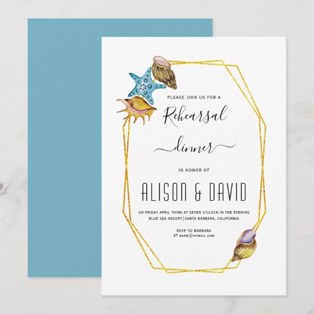 Invitación Polígono, conchas de playa cena de ensayo de bodas (Anverso / Reverso)