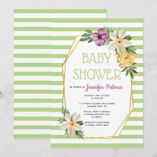 Invitación Polígono de oro y flores ducha de bebé verde flora (Anverso / Reverso)