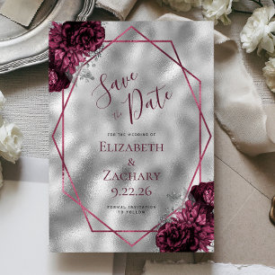 Invitación Polígono de plata floral borgoña salva la fecha