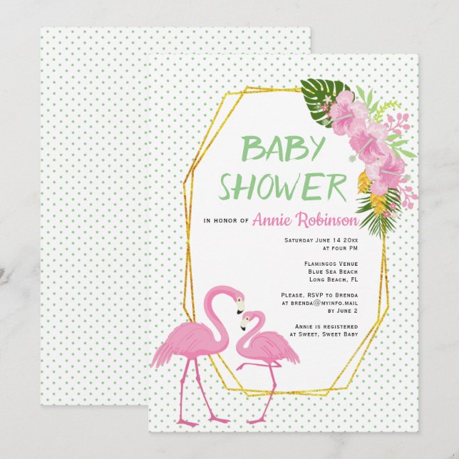 Invitación Polígono dorado, flamingos de polka punto de ducha (Anverso / Reverso)
