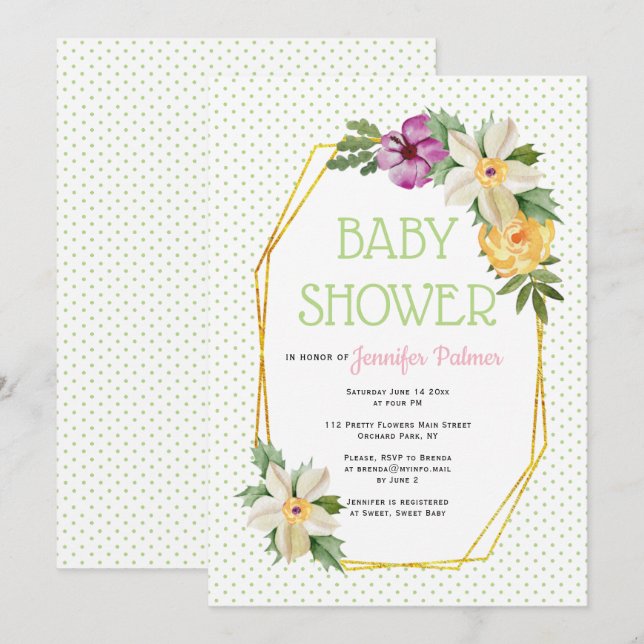 Invitación Polígono dorado, flor polka punto ducha de bebé fl (Anverso / Reverso)