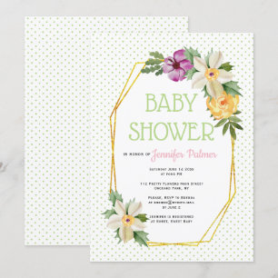 Invitación Polígono dorado, flor polka punto ducha de bebé fl