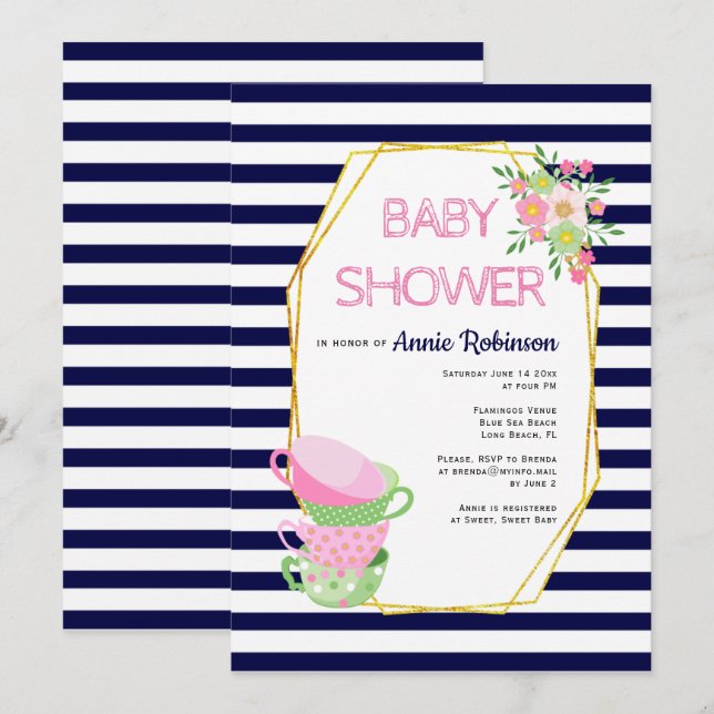 Invitación Polígono dorado, teacups, ducha de bebé floral azu (Anverso / Reverso)