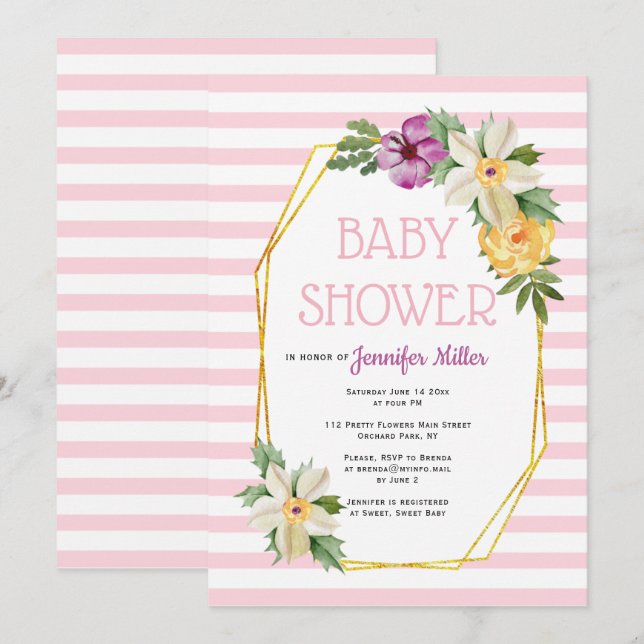 Invitación Polígono dorado y flores ducha de bebé florida (Anverso / Reverso)