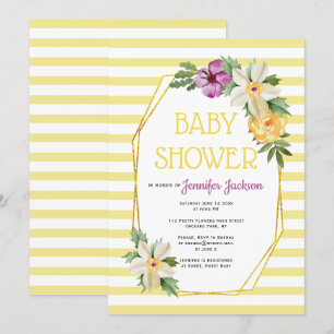 Invitación Polígono dorado y flores ducha floral de bebé amar