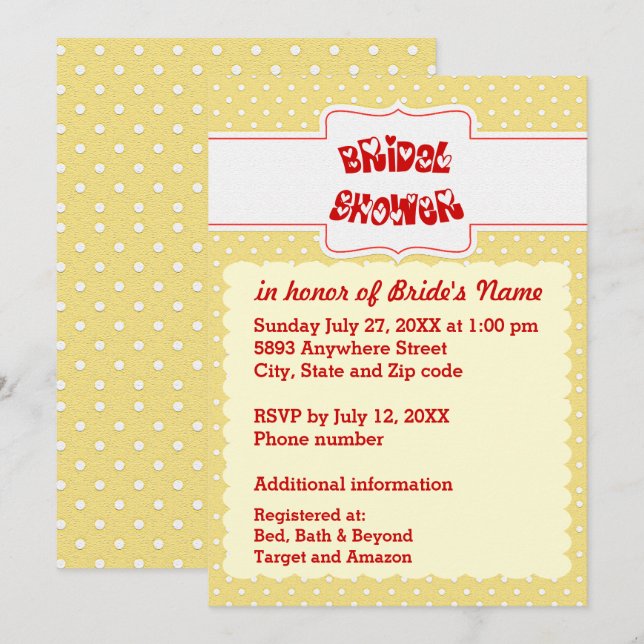 Invitación Polka Amarillo y Blanco Dots Heart Textos Ducha de (Anverso / Reverso)