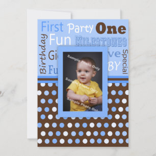 Invitación Polka azul del niño hace foto del primer cumpleaño