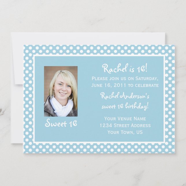 Invitación Polka Blanco Azul Dots Sweet 16 Birthday Invitatio (Anverso)