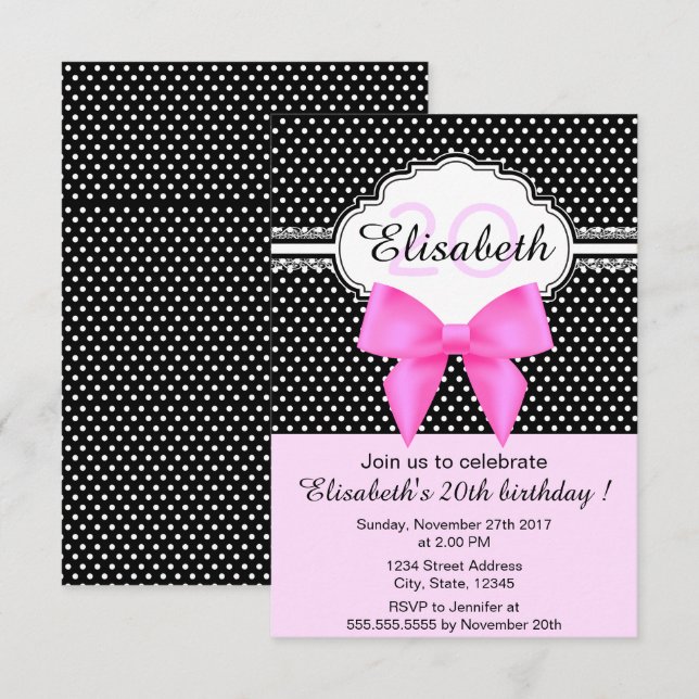 Invitación Polka blanco negro retro pega cumpleaños de niñita (Anverso / Reverso)