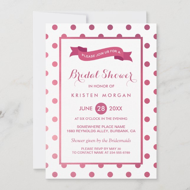 Invitación Polka Blanco Rosa Girly Dots Trendy Bridal Shower (Anverso)