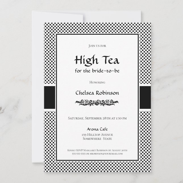 Invitación Polka blanco y negro: alta ducha de novia con té (Anverso)