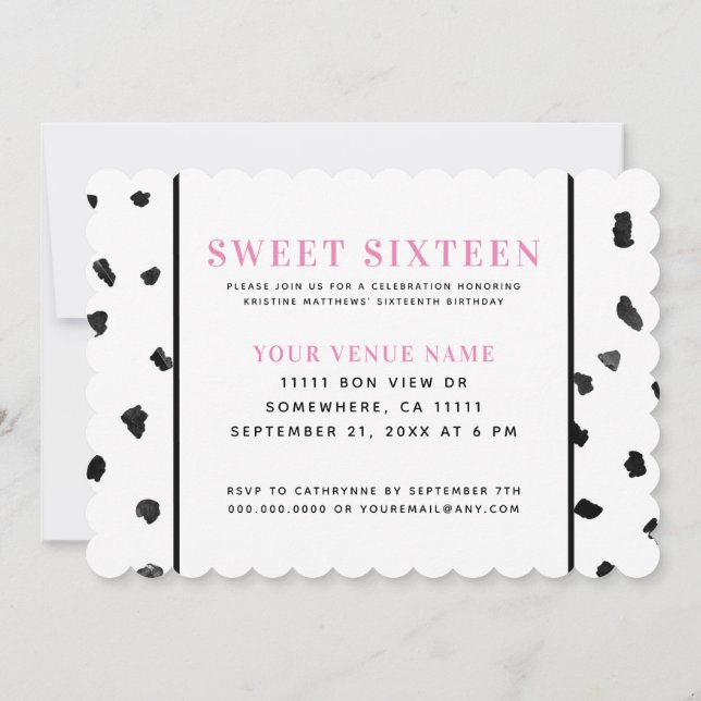 Invitación Polka blanco y negro dulce dieciséis (Reverso)