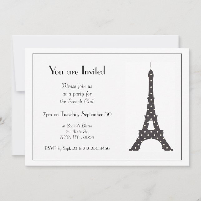 Invitación Polka blanco y negro en la torre Eiffel (Anverso)