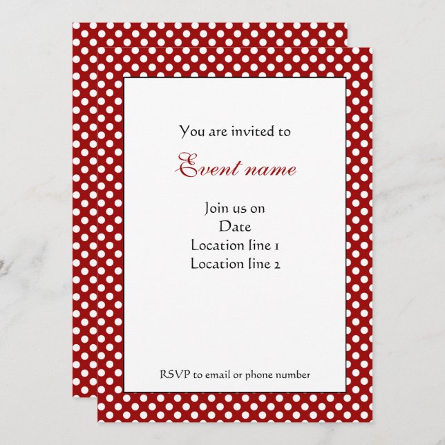 Invitación Polka blanco y rojo oscuro de moda da una invitaci (Anverso / Reverso)