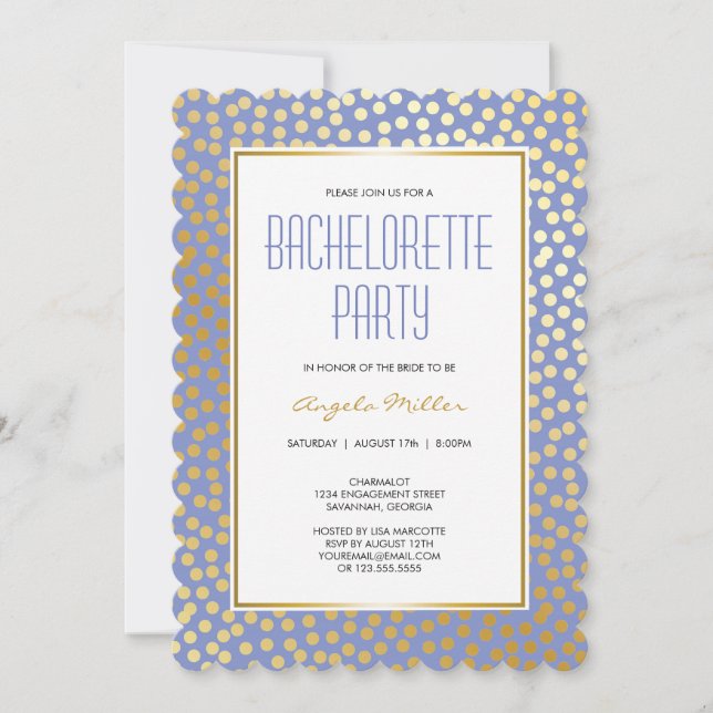 Invitación Polka Confetti moderna con lavanda y oro (Anverso)
