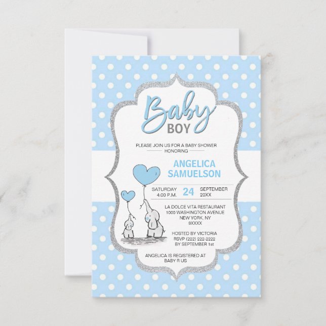 Invitación Polka Cute Dot Azul Elefante Gris Baby Shower BOY (Anverso)