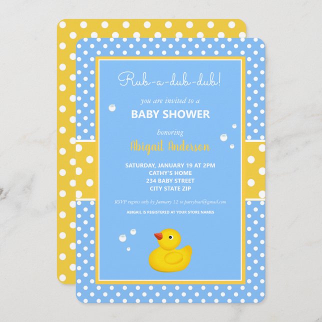 Invitación Polka de pato amarillo y azul puntos Baby Shower I (Anverso / Reverso)